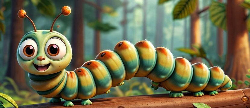 A cute adorable 3d cartoon character caterpillar with big eyes and orange antennas sits on a tree branch in a forest