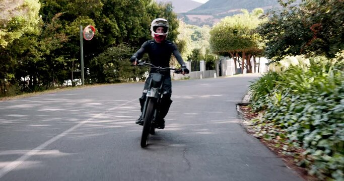 Speed, electric bike or person on road or outdoor route for transportation, adventure or travel on street. Action, fun or fearless biker on cycling fast in race, journey or challenge in neighborhood