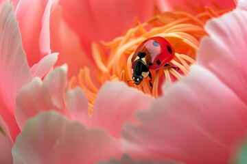 Delicate Encounter: Ladybug in the Heart of a Pink Peony