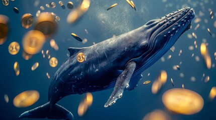 Blue whale gliding through underwater coins, metaphor for economic impact and financial currents, cryptocurrency and investment, Financial Dominance and Wealth
 - obrazy, fototapety, plakaty