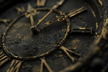 Vintage clock face with Roman numerals, close-up on weathered textures and hands, conveying a sense of passing time and antiquity.