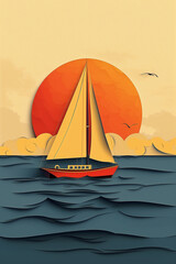 Naklejka premium sea landscape with sailboat in paper cut style.