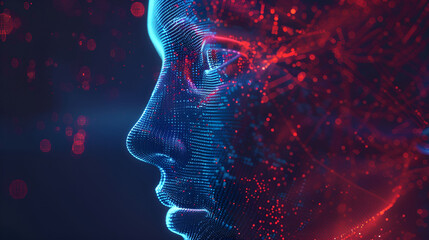 Abstract digital human face. Artificial intelligence concept of big data or cyber security. 3D illustration
