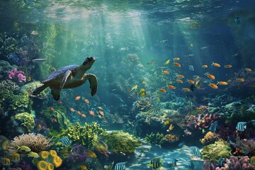 A turtle swims in a coral reef with many fish swimming around it. The scene is vibrant and colorful, with a sense of peace and tranquility