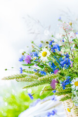 Meadow colorful flowers bouquet in wicker basket on nature background outdoors on white tablecloth, still life with vivid wild flowers in background of nature in summertime, close up view
