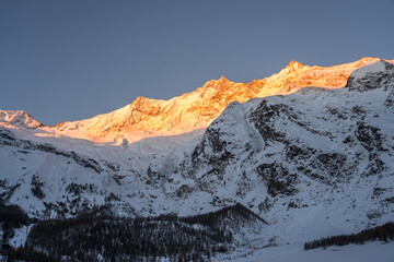 Täschhorn, Dom and Südlenz in the Mischabel Mountain Range in the Alps at Sunrise, Saas-Fee,...