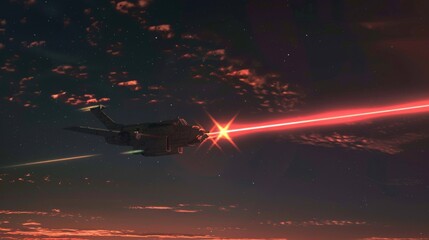 Antiaircraft laser system in action, shooting down incoming missiles with precision, night operation