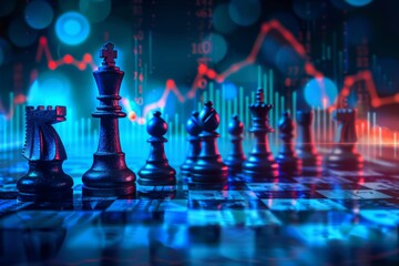 Chess pieces on board with financial data graph in background symbolizing strategy..