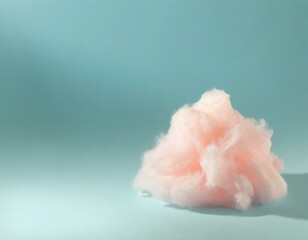 A fluffy mound of pink cotton candy resembling a cloud, placed off-center on a pale blue background