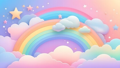Holographic fantasy rainbow background with clouds and stars. Pastel color sky. Magical landscape, abstract fabulous pattern. Cute candy wallpaper
