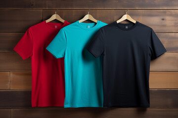 Set of  different colored t-shirts on a hanger mockup copy space on dark background logo Placement and Branding concept 