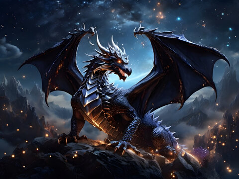 Fantasy Dragon flying in the sky. 3D Monster Fairy Tale Dragon Mythology in moonlit night
