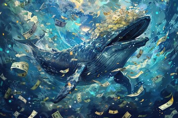 Artistic rendition of a massive blue whale amidst swirling currency, epitomizing financial power and market dynamics, Financial Dominance and Wealth
