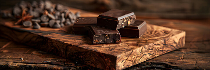Milk chocolate on a wooden board
