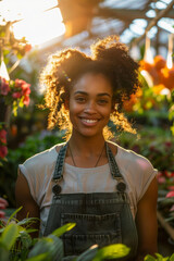 African American Woman Worker in Garden Center Portrait, Wearing Workers Suspenders Overall, Smiling Amidst Plants in Greenhouse, Backlit By Warm Sunlight