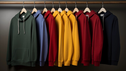 Several hoodies of different colors hang on a hanger on a dark background logo Placement and Branding concept