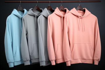 Several hoodies of different colors hang on a hanger on a dark background logo Placement and Branding concept