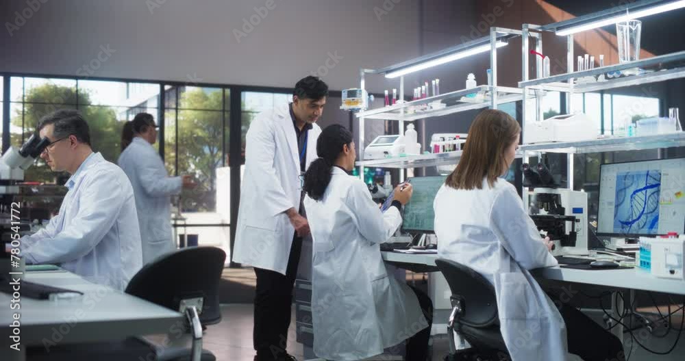 Poster female research scientist having a conversation with an bioengineer about the effects of different p