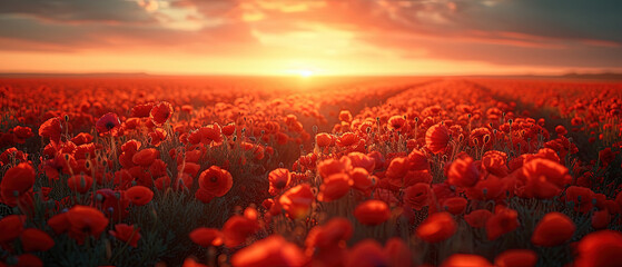 a field of red flowers with the sun setting in the background