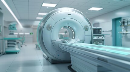 Craft an engaging wide banner featuring an advanced MRI or CT scan medical diagnosis machine in a hospital lab.   - obrazy, fototapety, plakaty