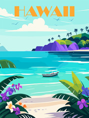 Fototapeta na wymiar Hawaii Travel Destination Poster in retro style. Seascape vintage colorful print. Exotic summer vacation, tropical holidays concept. Vector art illustration. 