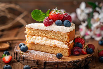 piece of cake with berries on white plate
