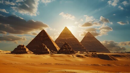 Ancient Egyptian pyramids cast long shadows on the desert landscape at Giza, with a fiery sunset blazing across the sky - obrazy, fototapety, plakaty