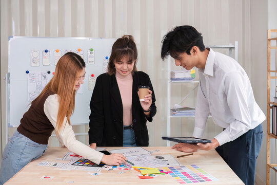 Brainstorming session for the creative team of designers in application design and implementation planning ux ui Teamwork of modern business teams