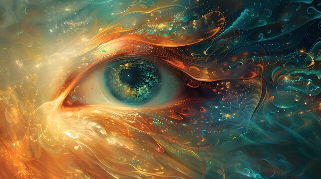 Abstract blue close-up of a woman's eye with dark fantasy makeup evokes a world of magic