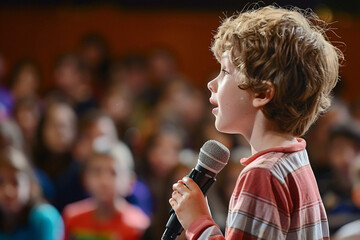 Confident child public speaker with microphone delivering a speech, inspiring young orator, speaking at school event, demonstrating leadership skills and passion for public speaking - obrazy, fototapety, plakaty