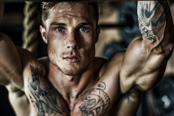 Portrait of a muscly man with tattoos exercising in a gym. Strength training, weightlifting, and fitness concept. Athletic male bodybuilder showcasing strength and dedication - obrazy, fototapety, plakaty