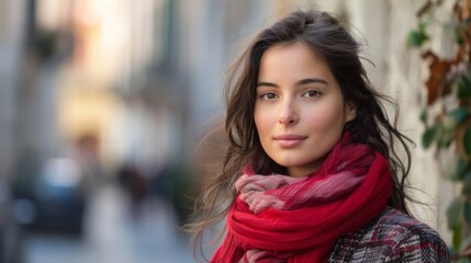 Italian woman in autumn fashion with a red scarf poses for a relaxed street portrait in the city