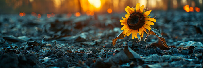 Lone Sunflower at Sunset in Autumnal Field - obrazy, fototapety, plakaty