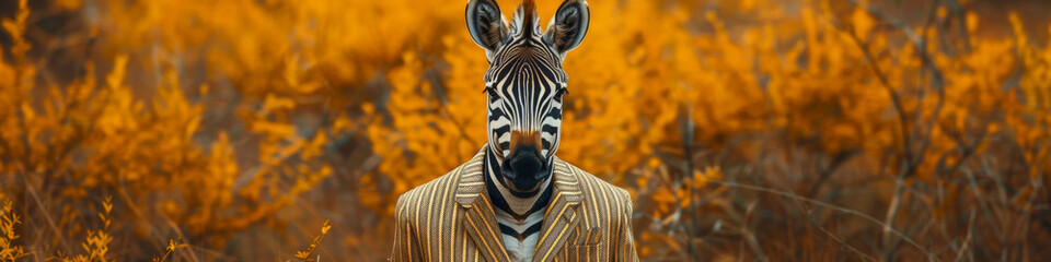 Fototapeta premium Zebra Portrait Amidst Vibrant Autumn Foliage