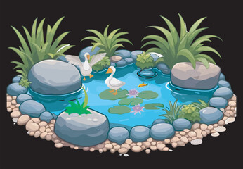 Duck in a mini pond vector illustration