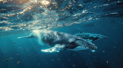 Fototapeta na wymiar A split-view underwater shot captures a majestic whale swimming alongside other marine life in the vast ocean, showcasing the beauty and diversity of the underwater world.