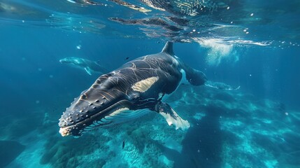 Fototapeta premium A split-view underwater shot captures a majestic whale swimming alongside other marine life in the vast ocean, showcasing the beauty and diversity of the underwater world.