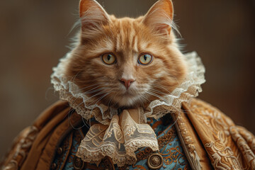 Regal Ginger Cat in Vintage Ruff Collar and Embroidered Coat