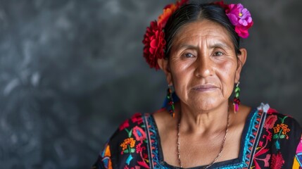 Traditional Mexican woman in embroidered dress with floral headpiece and cultural poise