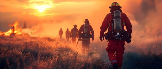 Brave Firefighters in Training Against Fiery Sunset. Concept Firefighters, Training, Sunset, Brave, Fiery