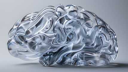 A silver brain with a liquid metal texture and artistic design, illustrating a blend of pattern and color on a white background