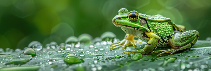 Obraz premium common european green frog on a dewy leaf, with empty copy space
