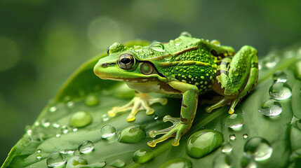 common european green frog on a dewy leaf, with empty copy space - obrazy, fototapety, plakaty