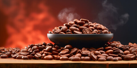 Obraz premium Steaming Coffee Beans in a Bowl with Warm Ambient Lighting