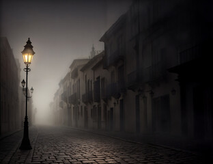 Foggy street with a glowing street lamp created with Generative AI technology