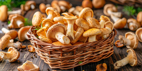 Fototapeta premium Harvest Bounty: Basket of Freshly Picked Chanterelle Mushrooms