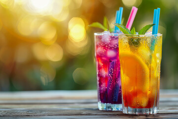 Summer Refreshment: Colorful Iced Drinks with Straws and Mint