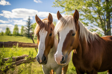 Rustic Equine Charm: Two Horses Bonding Behind a Farm Fence