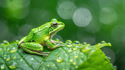 Obraz premium common european green frog on a dewy leaf, with empty copy space