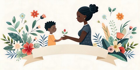 Kid Giving Gift To Mother On Mothers Day , Floral Background With Blank Ribbon , Mothers Day Background With Copy Space - obrazy, fototapety, plakaty